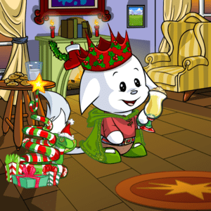 Fancy Mug of Neggnog (1000np), Illusens Laced Slippers (4500np), Seasonal Cracker Hat (1000np), Kacheek Mage Cape (99,999np), Hannahs Red Undershirt (20,000np), Holiday Home Background (20,000np), Cobrall Holiday Tree (150np), AAA Host Trousers (18,000np), Kacheek Tourist Belt(6000np)