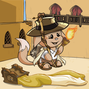 Daring Adventurer Hat (450,000np), Carved Walking Stick (200,000np), Fiery Carved Torch (9000np), Kacheek Tourist Shoes (18,000np), AAA Host Trousers (18,000np), Basic White Shirt (450np), Explorer Backpack (29,000np), Elegant Kacheek Warrior Cape (110,000np), Lost Desert Balcony Background (FREE), Deployed Parachute (150np)