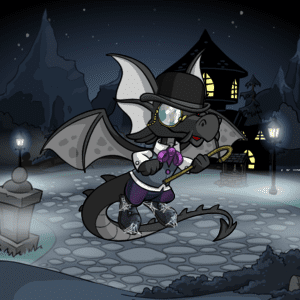 Fance Top (350,000np), Black Derby (99,999np), Apple Bobbing Cane (15np), Smarmy Monocle (9500np), Shrouded Draik Trousers (500,000np), Cobweb Shoes (18,000np), Neovia Shop Silhouette Background (75,000np)