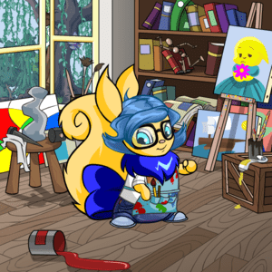 Weltrude Wig (26,000np), Black Square Glasses (245,000np), Blue Shoes (500np), Artist Studio Background (42,000np), Hardy Blue Trousers (10,000np), Basic White Shirt (450np), Artist Smock (2400np)