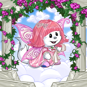 Translucent Faerie Wings (190,000np), Cute Pink Wig (125,000np), Beautiful Columns Foreground (290,000np), Kacheek Pyjama Gown (1,800,000np), Fuzzy White Towel (5000np), Cloud Garland (150,000np), Cloudy Sky Background (1np), Torn Pink Gym Socks (2000np)